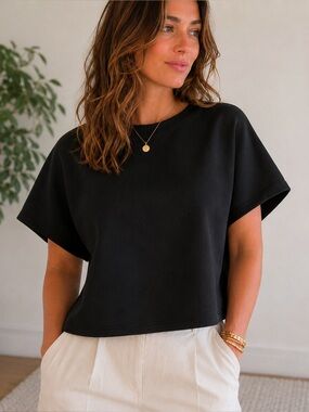 Quince Ultra-Stretch Ponte Short Sleeve Heavyweight Top Black Large Minimalist
